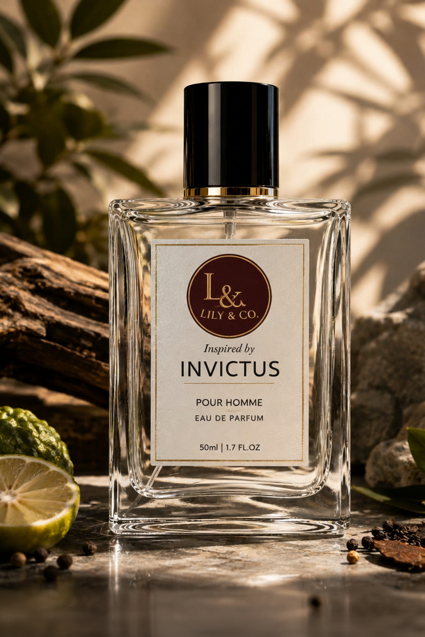 Clear glass fragrance bottle inspired by Invictus by Paco Rabanne, Lily & Co Pour Homme Eau de Parfum 50ml
