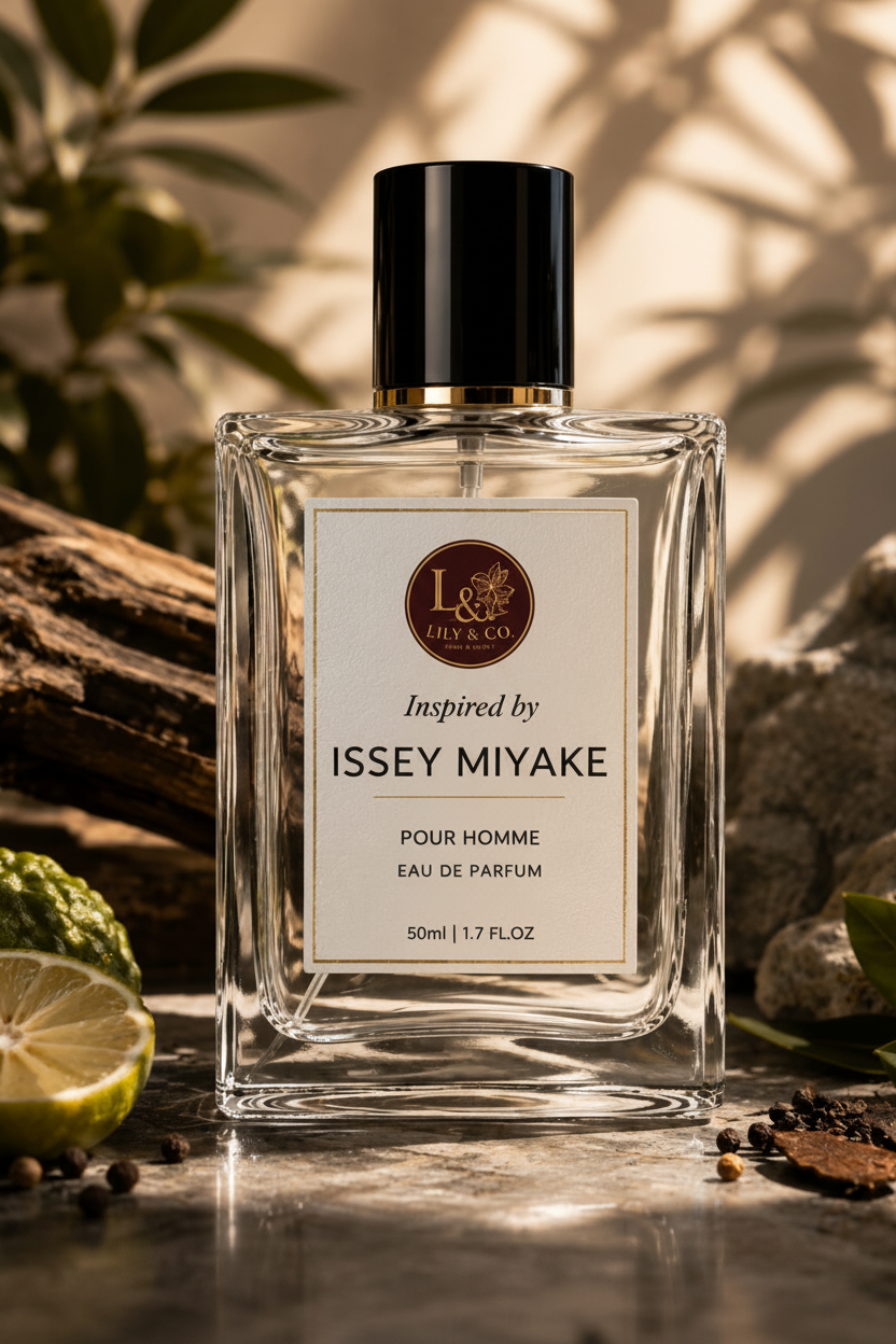 Clear glass fragrance bottle inspired by Issey Miyake, Lily & Co Pour Homme Eau de Parfum 50ml