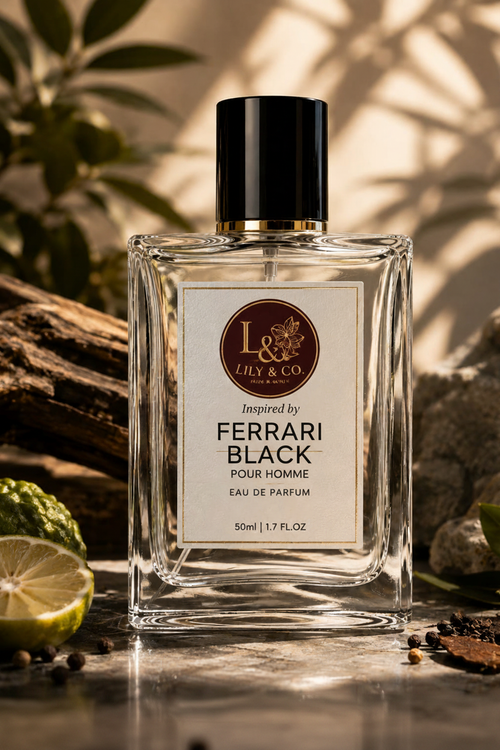 Clear glass fragrance bottle inspired by Ferrari Black by Ferrari, Lily & Co Pour Homme Eau de Parfum 50ml