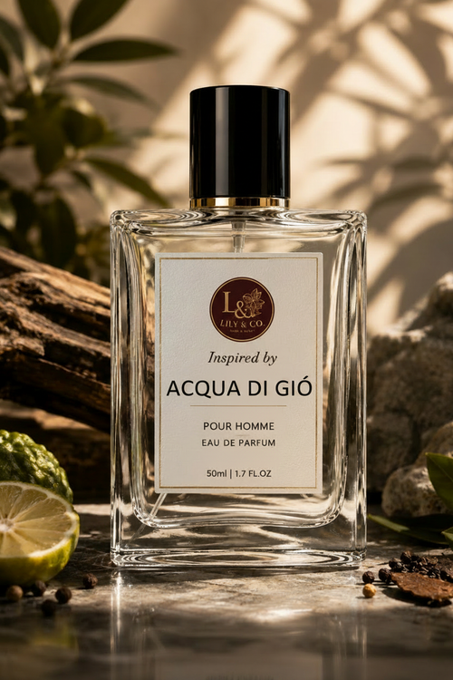 Clear glass fragrance bottle inspired by Acqua di Gio by Giorgio Armani, Lily & Co Pour Homme Eau de Parfum 50ml