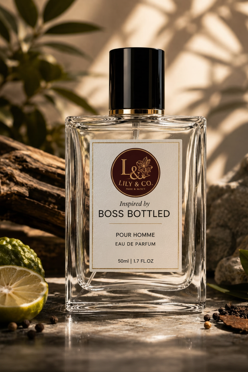 Clear glass fragrance bottle inspired by Boss Bottled by Hugo Boss, Lily & Co Pour Homme Eau de Parfum 50ml