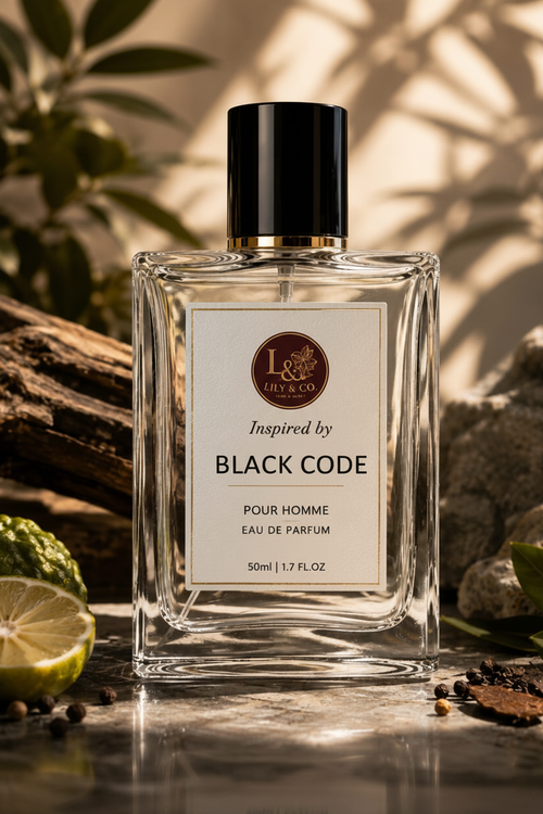 Clear glass fragrance bottle inspired by Armani Black Code by Giorgio Armani, Lily & Co Pour Homme Eau de Parfum 50ml