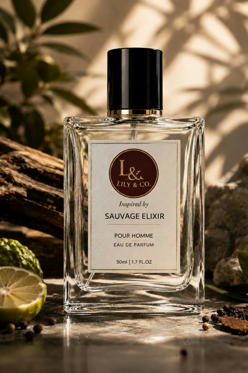 Clear glass fragrance bottle inspired by Sauvage Elixir by Christian Dior, Lily & Co Pour Homme Eau de Parfum 50ml