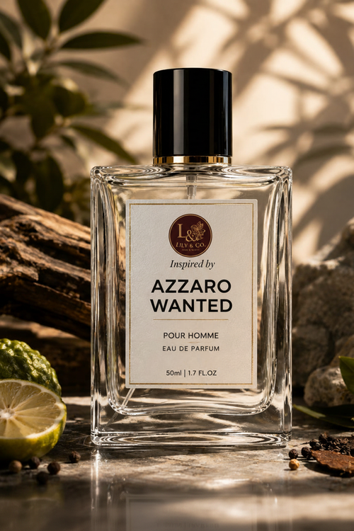 Clear glass fragrance bottle inspired by Azzaro Wanted by Azzaro, Lily & Co Pour Homme Eau de Parfum 50ml