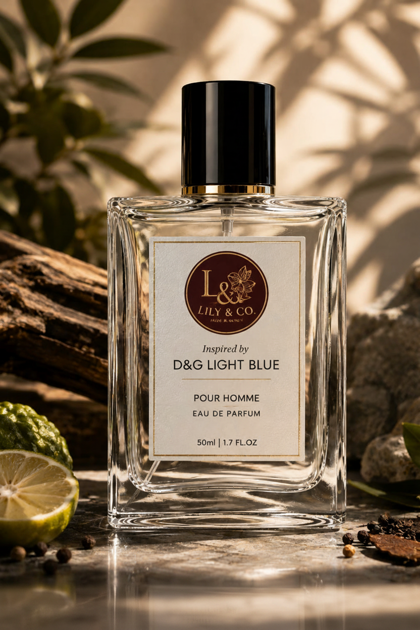 Clear glass fragrance bottle inspired by D&G Light Blue by Dolce & Gabbana, Lily & Co Pour Homme Eau de Parfum 50ml