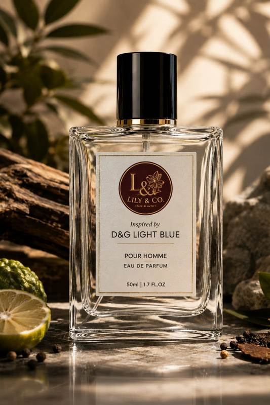 Clear glass fragrance bottle inspired by D&G Light Blue by Dolce & Gabbana, Lily & Co Pour Homme Eau de Parfum 50ml