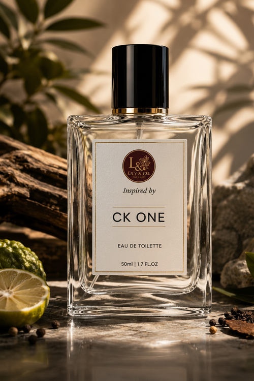 Clear glass fragrance bottle inspired by CK1 by Calvin Klein, Lily & Co Unisex Eau de Toilette 50ml