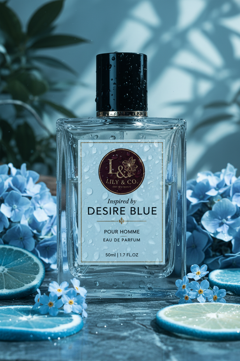 Clear glass fragrance bottle inspired by Dunhill Desire Blue, Lily & Co Pour Homme Eau de Parfum 50ml