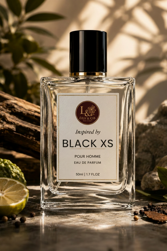 Clear glass fragrance bottle inspired by Black XS by Paco Rabanne, Lily & Co Pour Homme Eau de Parfum 50ml