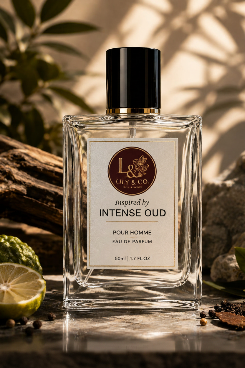 Clear glass fragrance bottle inspired by Gucci Intense Oud by Gucci, Lily & Co Eau de Parfum 50ml