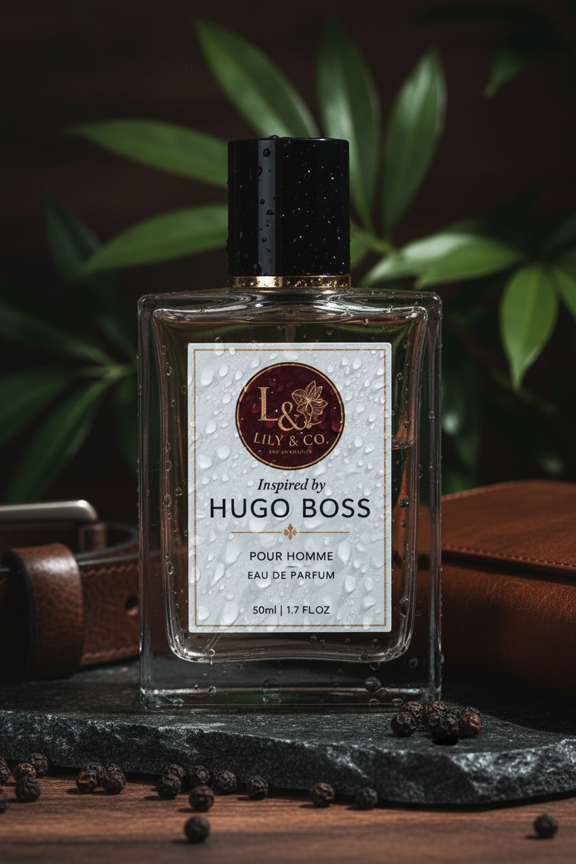 Clear glass fragrance bottle inspired by Hugo Boss, Lily & Co Pour Homme Eau de Parfum 50ml