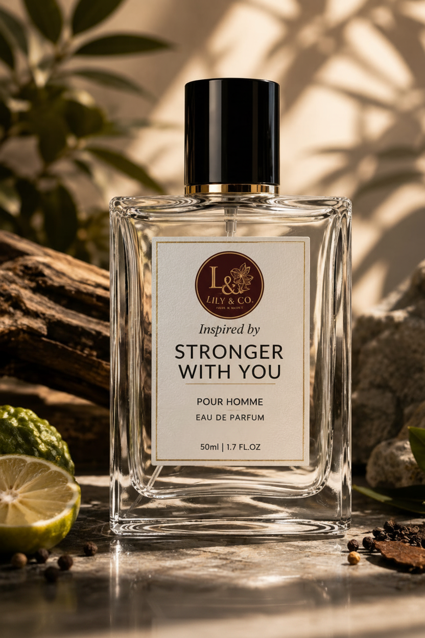 Clear glass fragrance bottle inspired by Stronger With You by Giorgio Armani, Lily & Co Pour Homme Eau de Parfum 50ml