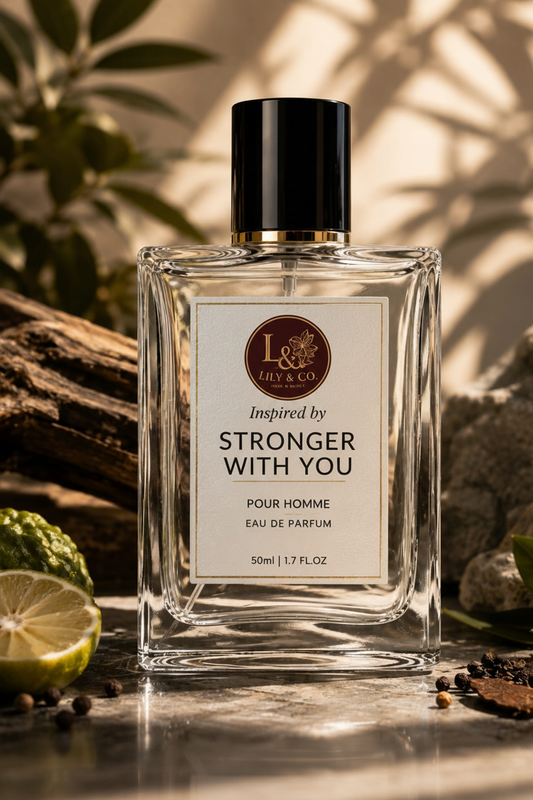 Clear glass fragrance bottle inspired by Stronger With You by Giorgio Armani, Lily & Co Pour Homme Eau de Parfum 50ml
