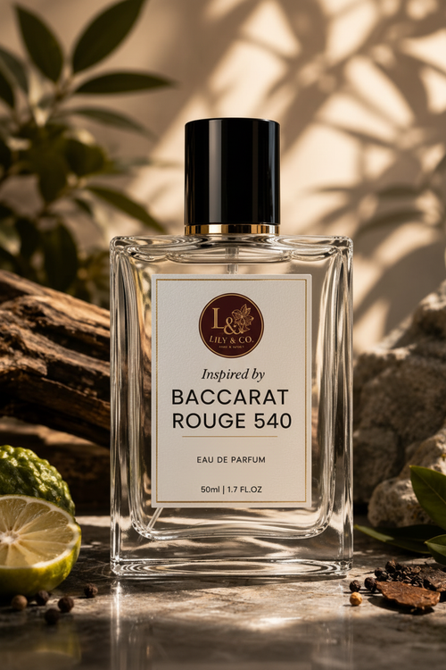 Clear glass fragrance bottle inspired by Baccarat Rouge 540 by Maison Francis Kurkdjian, Lily & Co Eau de Parfum 50ml