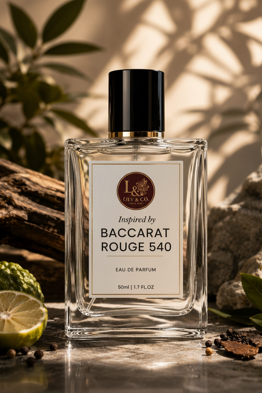 Clear glass fragrance bottle inspired by Baccarat Rouge 540 by Maison Francis Kurkdjian, Lily & Co Eau de Parfum 50ml
